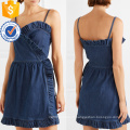 Été Spaghetti Strap Ruffled Denim Wrap Mini Dress Fabrication en gros Mode Femmes Vêtements (TA0309D)